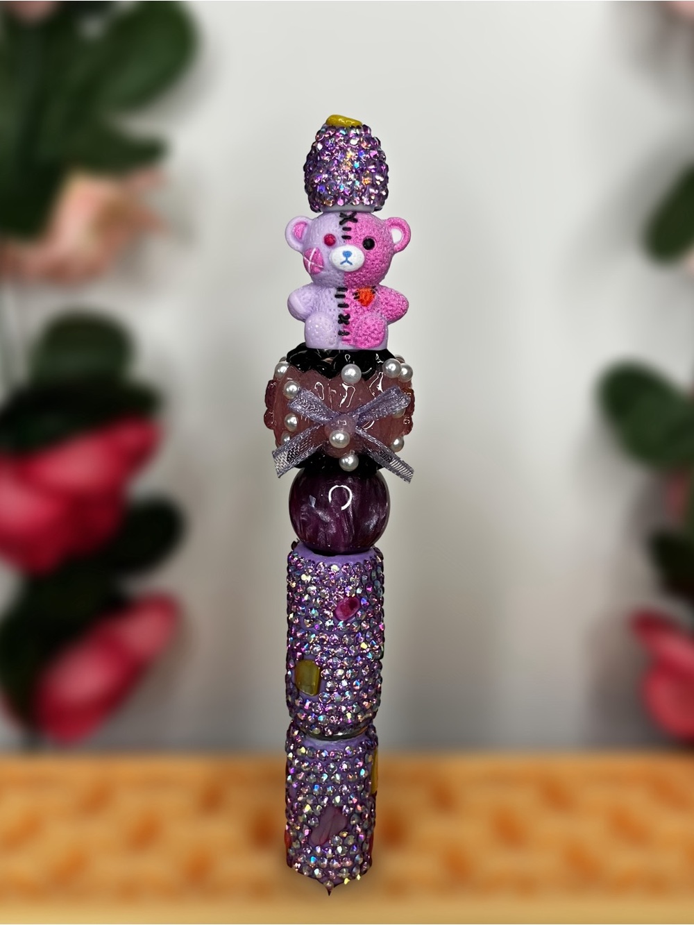 Handmade Emo Bear Purple Rhinestone & Stone Embellishment Handmade Beaded Pen